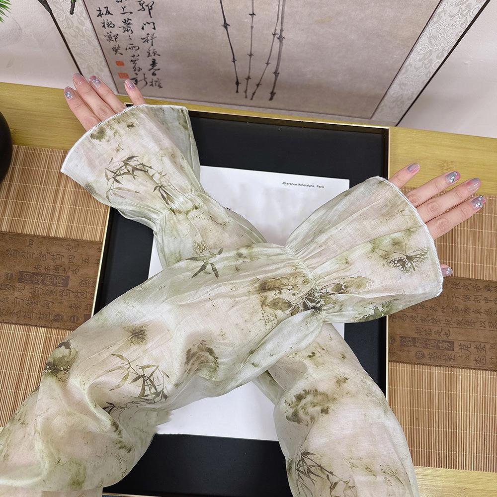 Flower Chinese Style Sleeves Elastic Cycling Gloves Thin Chiffon Sunscreen Arm Covers  Women