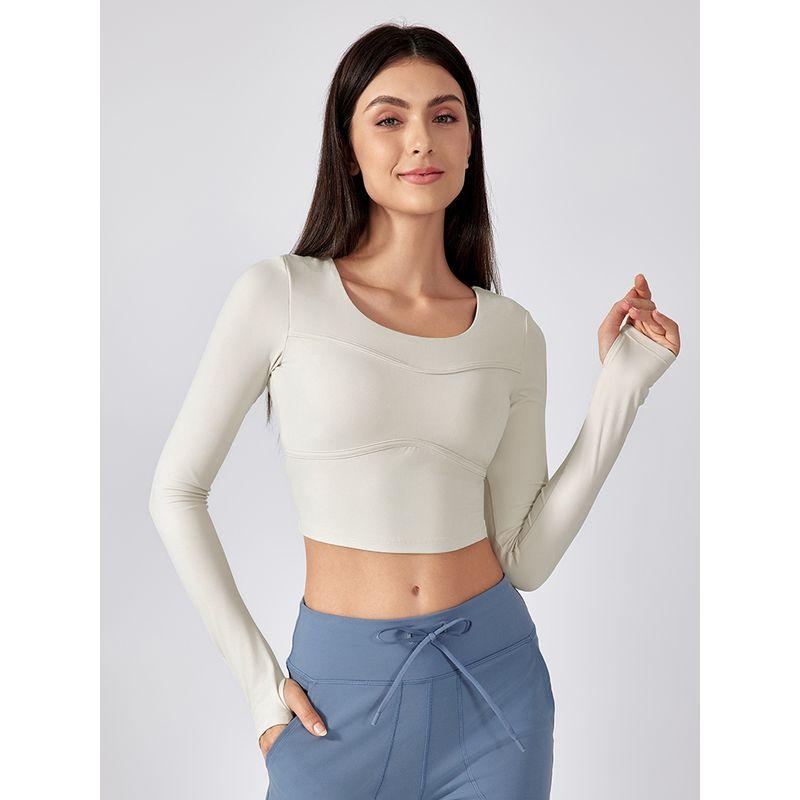 Original Long sleeve Yoga Clothes With Chest Pad Outer Wear Half Fixed Cup Quick-Drying T-shirt Women Short Pilates Workout Clothes