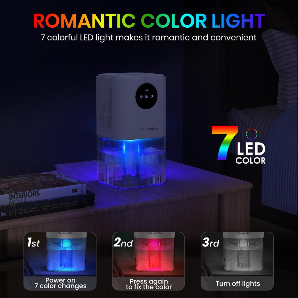 B221 Smart Home Dehumidifier 1.7L Large Capacity Dehumidifier Bathroom Basement Timing Dehumidifier with Colored Lights