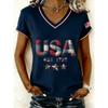 V-Neck Short Sleeve T-Shirt With Blue White Striped Print Loose Fit Casual Top Women 2025