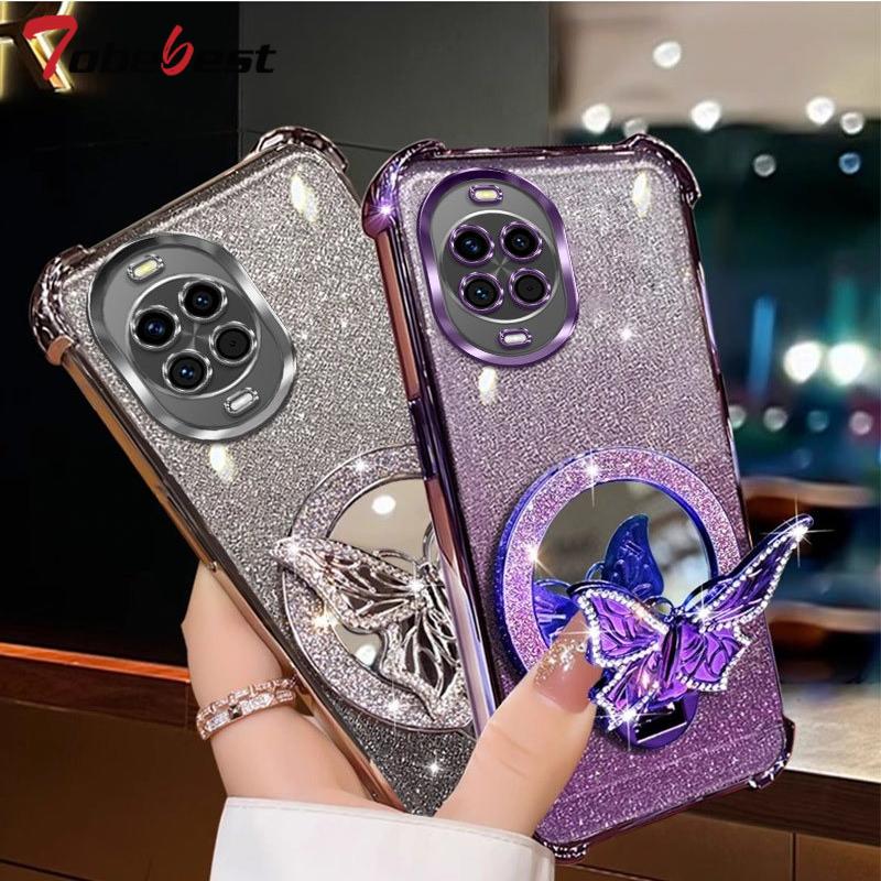 Glitter Butterfly Mirror Crystal Bracelet Case For Huawei Nova 14 Ultra 13 12 11 10 9 8 7 SE Pro Shockproof Plating Cover