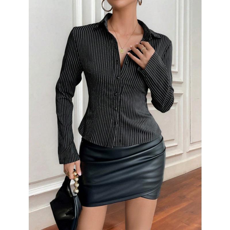 DAFIFY Women's Fashion Casual Spring Autumn Stripe Print Long Sleeve POLO Neck Blouses & Shirts