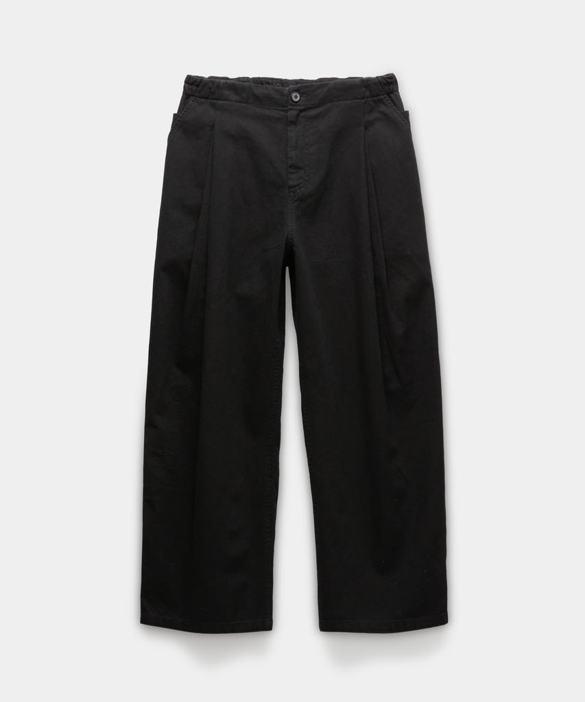 Kueo Banded Waist Washed Double Pleated Cotton Trousers (Washed Black)