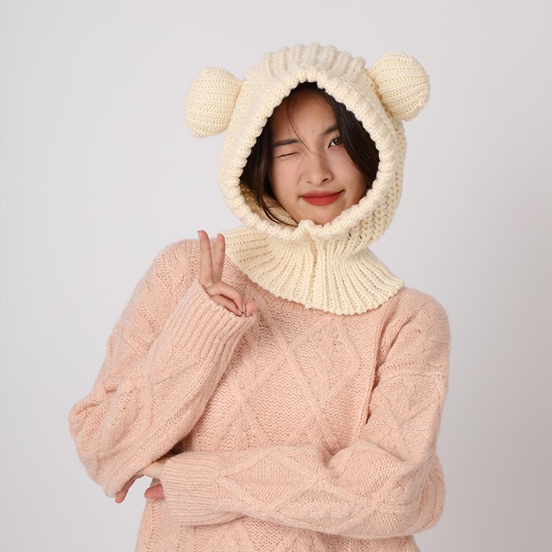 1PC Y2K Winter Warm Knit Balaclava Hat Women Cute Bear Warm Beanie Hooded Scarf Beanie Hat Skull Cap Collar Neck Cover Pullover