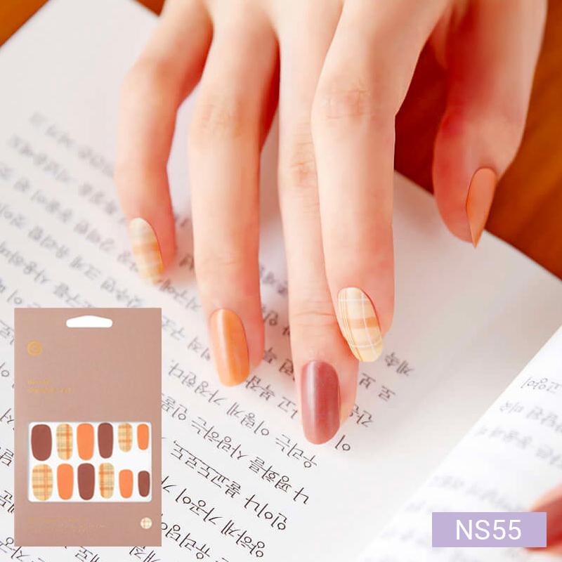 Warm-Tone Nail Stickers 24pcs | Self-Adhesive Strips, Caramel&Plaid Mix, Quick 5-Min Manicure