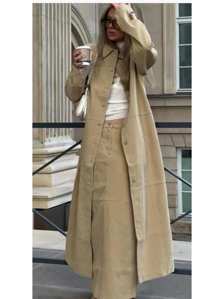 2025 European & American Spring PU Jacket & Midi Skirt Set for Women