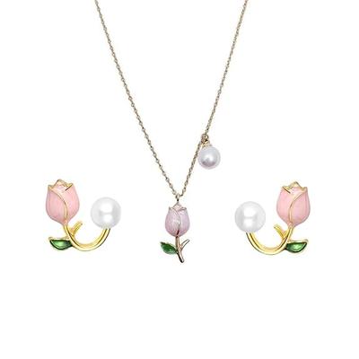 Tulip Pearl Stud Earrings Pearl Pink Flower Stud Earrings for Women Cute Tulip Pearl Stud Jewelry for Girls