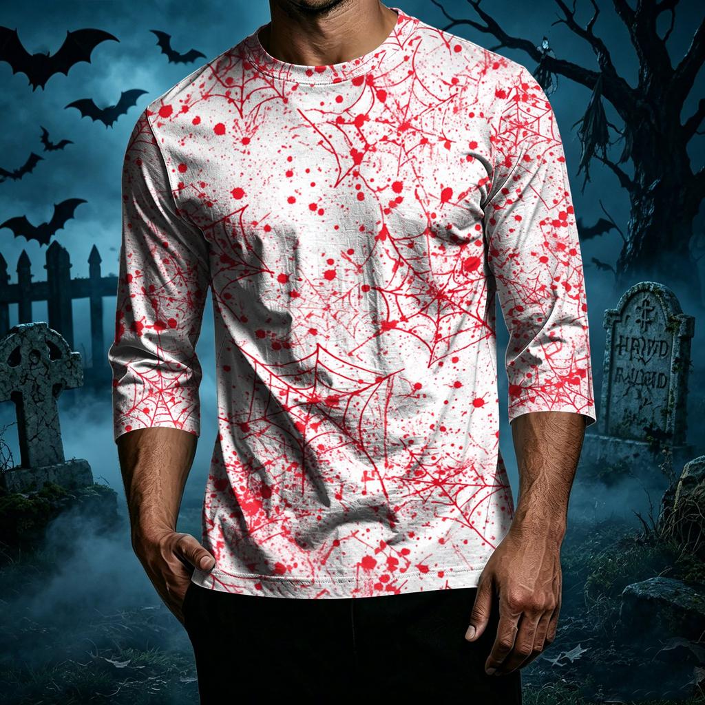 Men's Casual Halloween Print Crew Neck T-Shirt Three Quarter Sleeve Relaxed Fit Lightweight Top for Everyday Wear