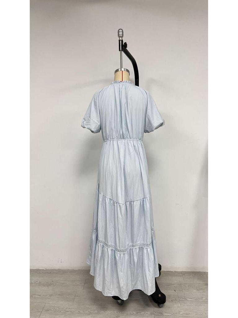 European and American Style Women's Lace Short Sleeve Dress - High Waist Slimming Mid-Length Dress