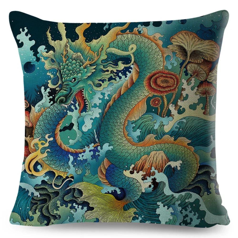 Cartoon Animal Pillowcase Dragon Fox Firebird Printed Linen Cushion Cover Living Room Sofa Car Decorative Pillowcase 45*45Cm