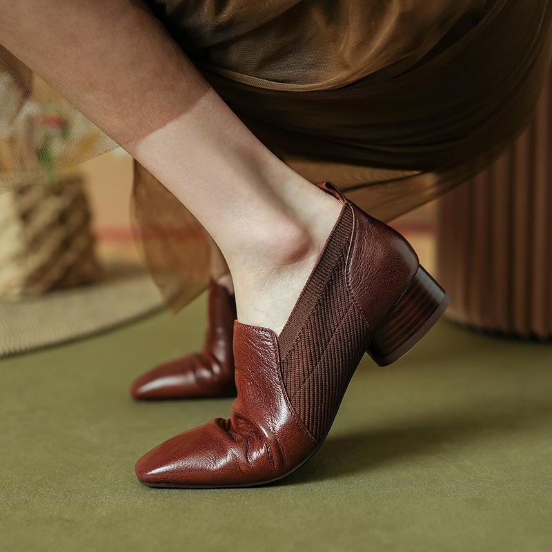 Retro Women Pumps High Heels 2024 Spring Summer Genuine Leather Square Toe Mature Basic Office Lady Elegant Shoes Woman Pumps