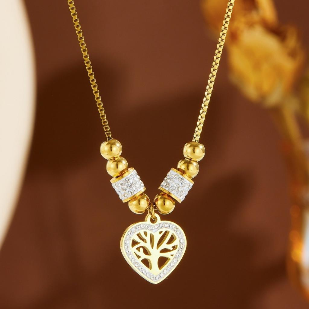 Women's Necklace with European and American Style, Round Bead Clavicle Chain, Zircon Heart Pendant, Titanium Steel Necklace, Tree of Life Clavicle