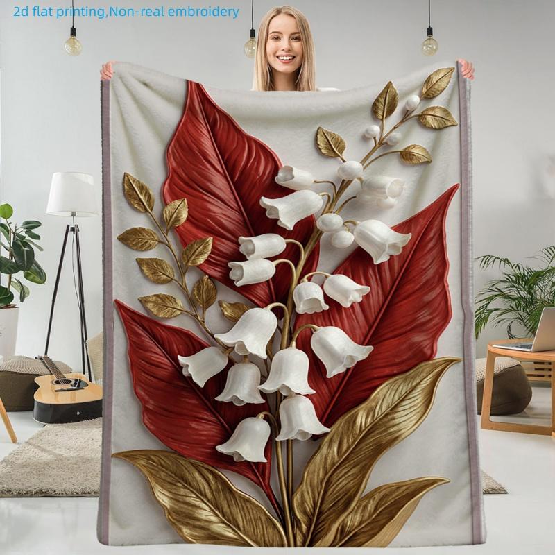 1pc Floral Print Blanket, Lily of the Valley Theme, Multiple Sizes Available, Suitable for Living Room, Bedroom, Study, Office, Balcony