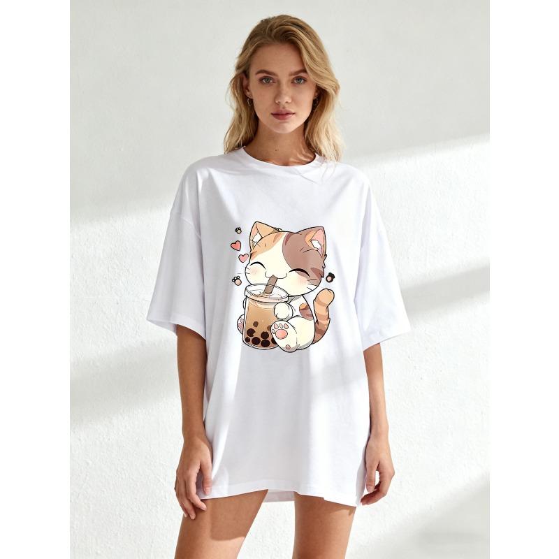 Cute Cat Bubble Tea Oversized T Shirt Black Kawaii Cat Drinking Milk Tea Graphic Print Casual Loose Fit Top For Women Summer Streetwear Fashion