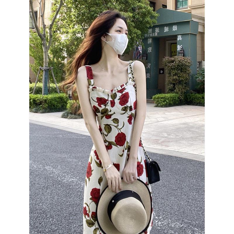 Rose Print Over-the-Knee Camisole Dress, Summer 2025: Slimming Yùjiě Style Waist-Cinching Skirt