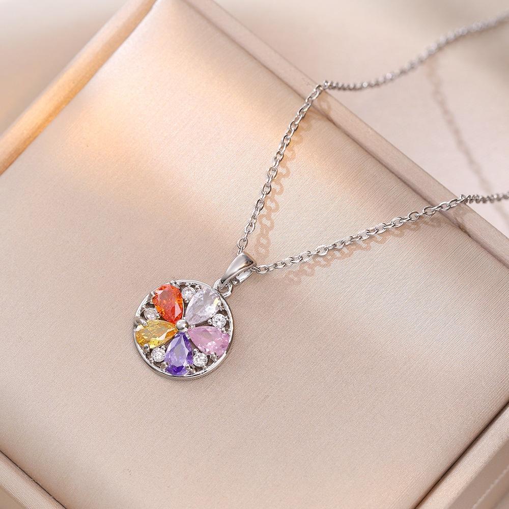 Cute Plant Female White Rainbow Zircon Stone Round Flower Pendant Necklace Gold Silver Color Wedding Jewelry For Women