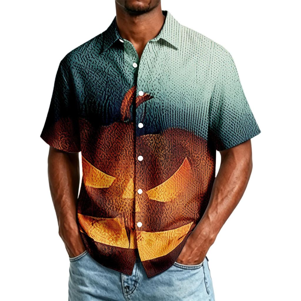 Men's Casual Short Sleeve Button Down Shirt Halloween Themed Printed Top Lightweight Breathable Fabric Relaxed Fit