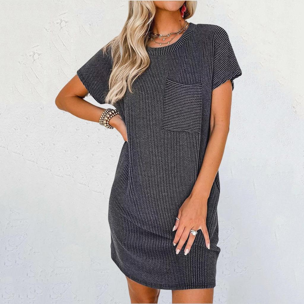 Damen Lässiges Modekontrastfarbenes verdrehtes Streifen-Kurzarmtaschenkleid