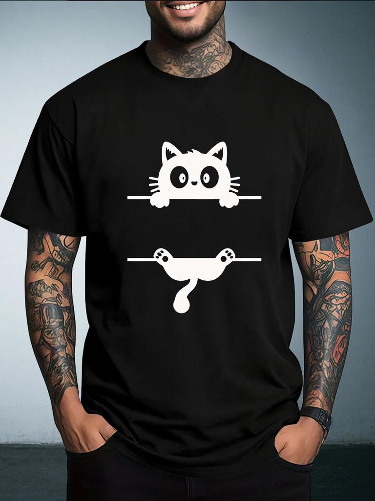 Unisex Summer Crew Neck T Shirt Cute Split Black Cat Graphic Print Loose Short Sleeve Casual Streetwear Daily Wear Tops