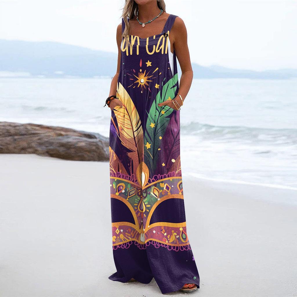 Wide Leg Overalls For Women Casual Loose Sleeveless Print Button Long Pant Romper Jumpsuit With Pockets