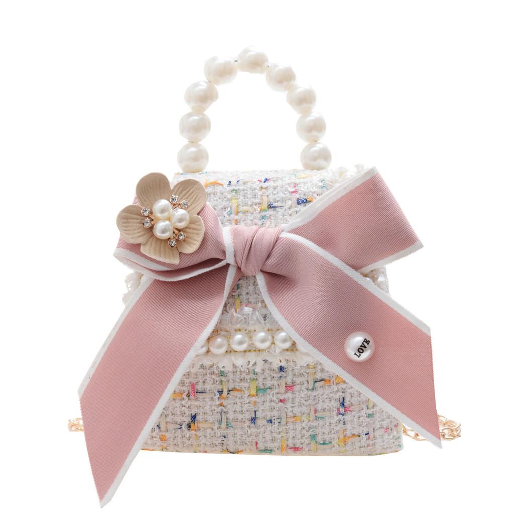 Adorable Pearl Mini Handbag For Kids Fashionable Winter Bow Decorated Coin Purse