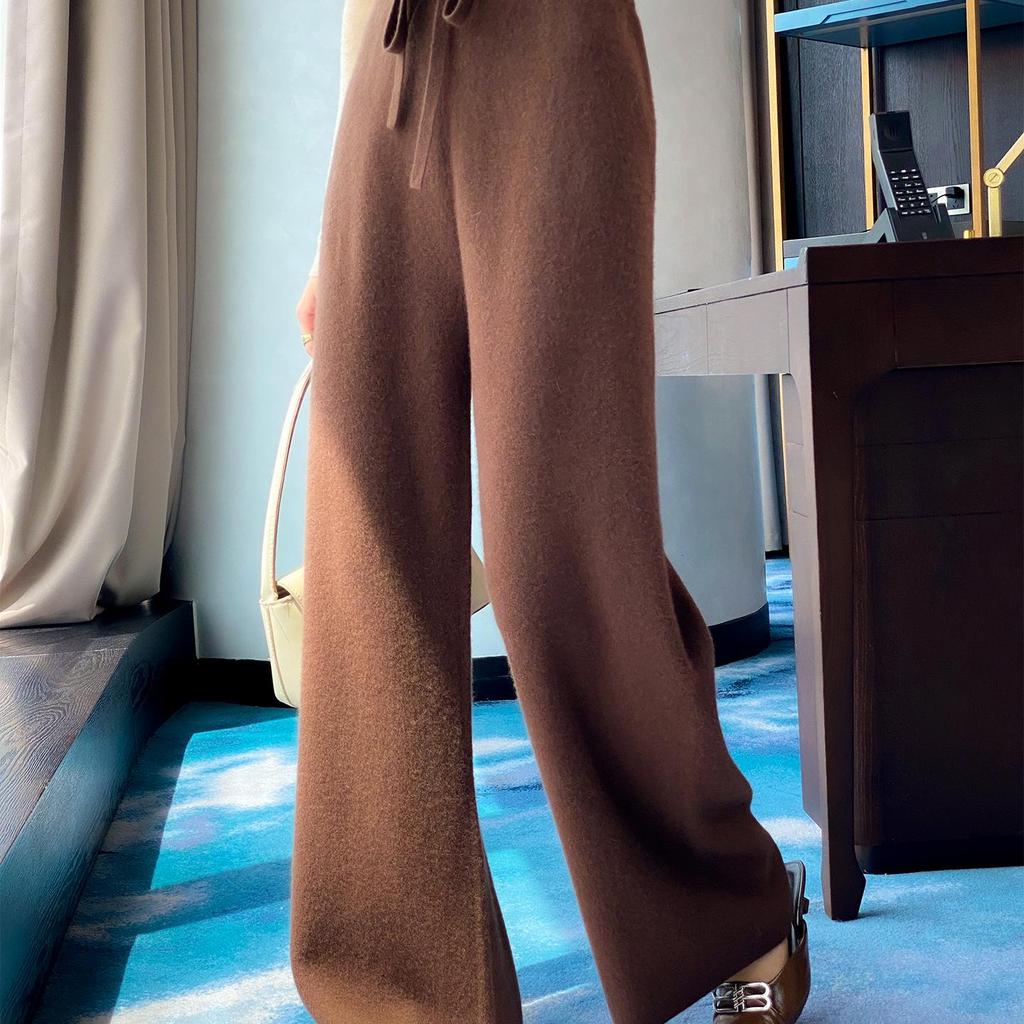 Women's Thickened Wool Knit High-Waisted Wide-Leg Floor-Length Pants for Autumn/Winter