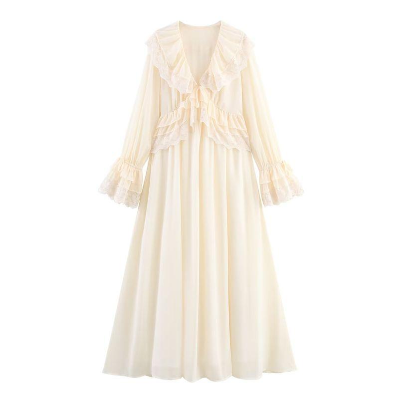 

Kaslead New Women clothes Western Style Fashion Temperament Elegant Patchwork Flared Sleeves Long dress Apricot color L