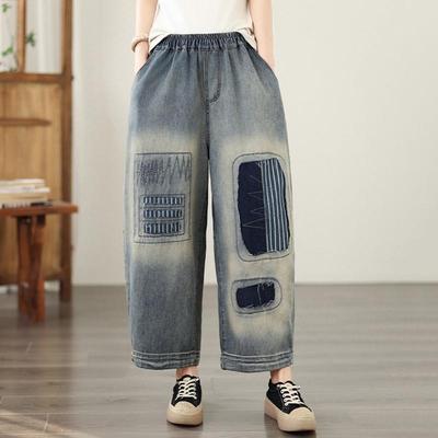 Taglie forti Ricamo vintage vita alta casual larghi Donna primavera estate autunno jeans denim pantaloni gamba larga
