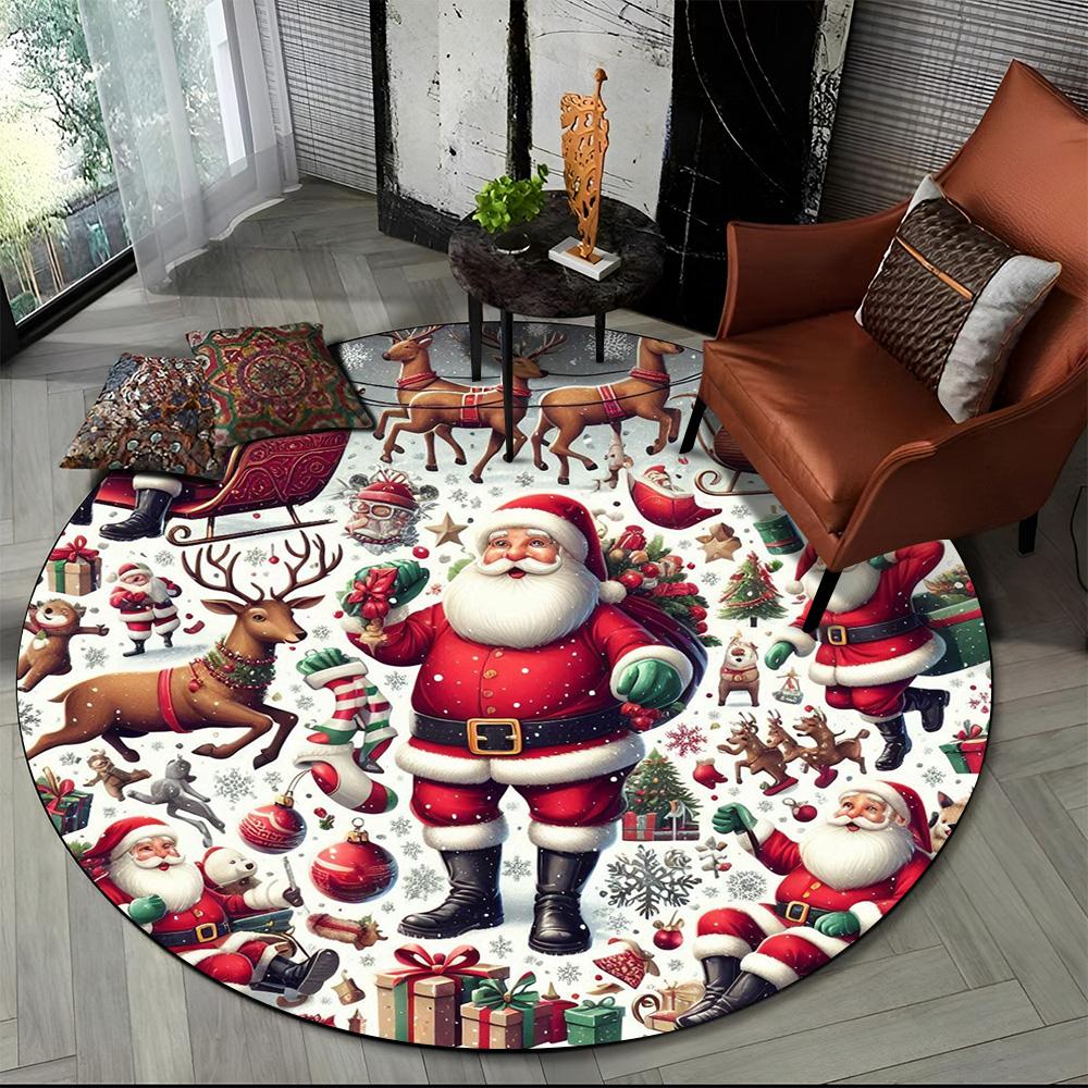 Cartoon Weihnachtsmann Frohe Weihnachten Schneemann Neujahr Runder Teppich für Schlafzimmer Wohnzimmer Sofadekoration, Dekor Bodenteppich