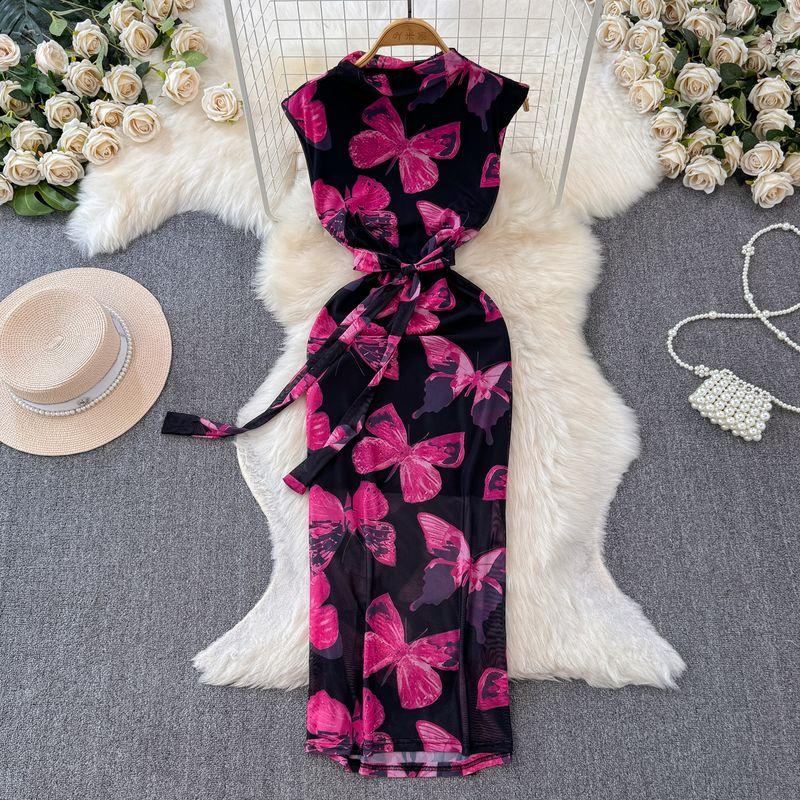 

Sexy Elegance Mesh Floral Print Dress Women s Style French Style Temperament Waist Slimming Figure Mid Length Long Length Bodycon Dress Fashion Black Rose Red Print L