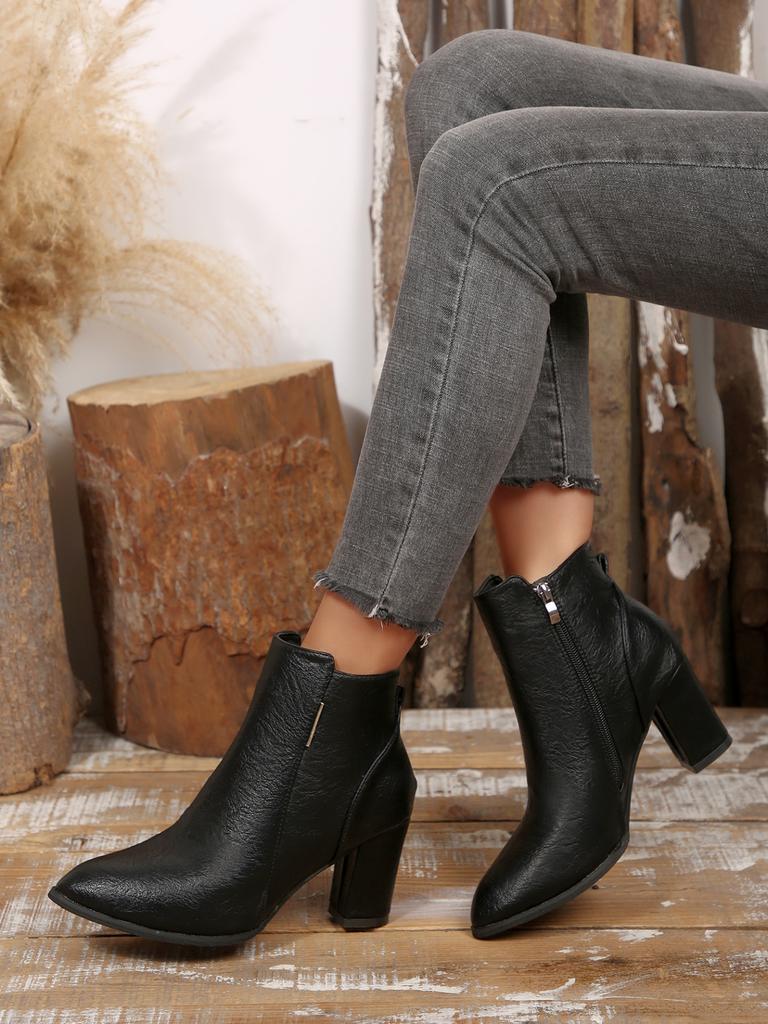 Módní dámské podzimní zimní retro boty na silném vysokém podpatku s bočním zipem, krátké boty ve velkých velikostech, jednoduché pohodlné dámské boty