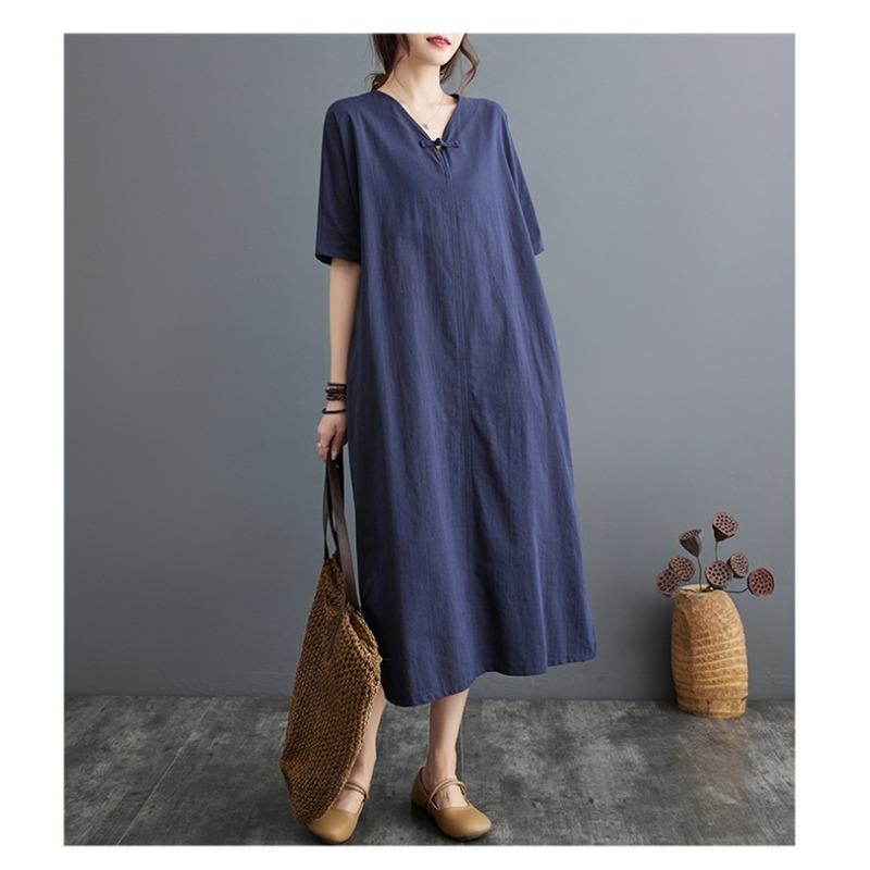 Summer New Cotton and Linen Artistic Retro Pullover Buckle Dress A-line Long Skirt