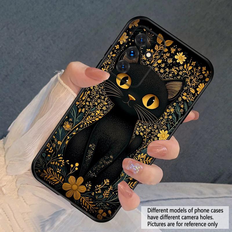 Flower Cat Black For Samsung S20FE S 21 22 23 FE 24 Plus 25 Ultra Galaxy M23 32 34 35 52 53 54 55 5G silicone soft phone case