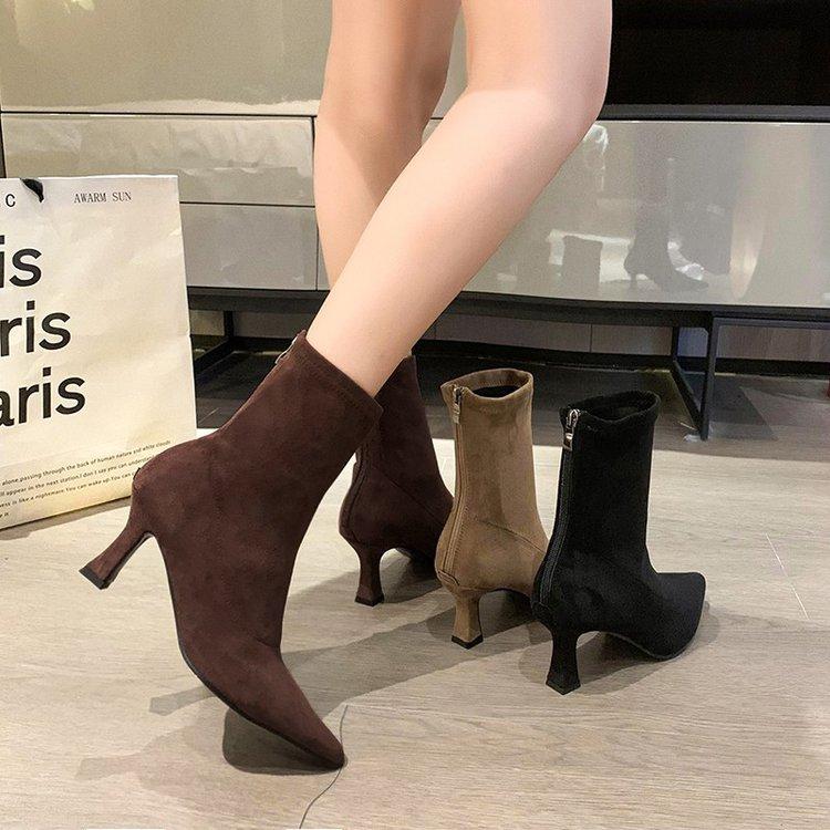 Pointed high-heeled short boots women's 2026 autumn and winter new zipper suede thin-heeled bare boots elastic thin boots socks boots