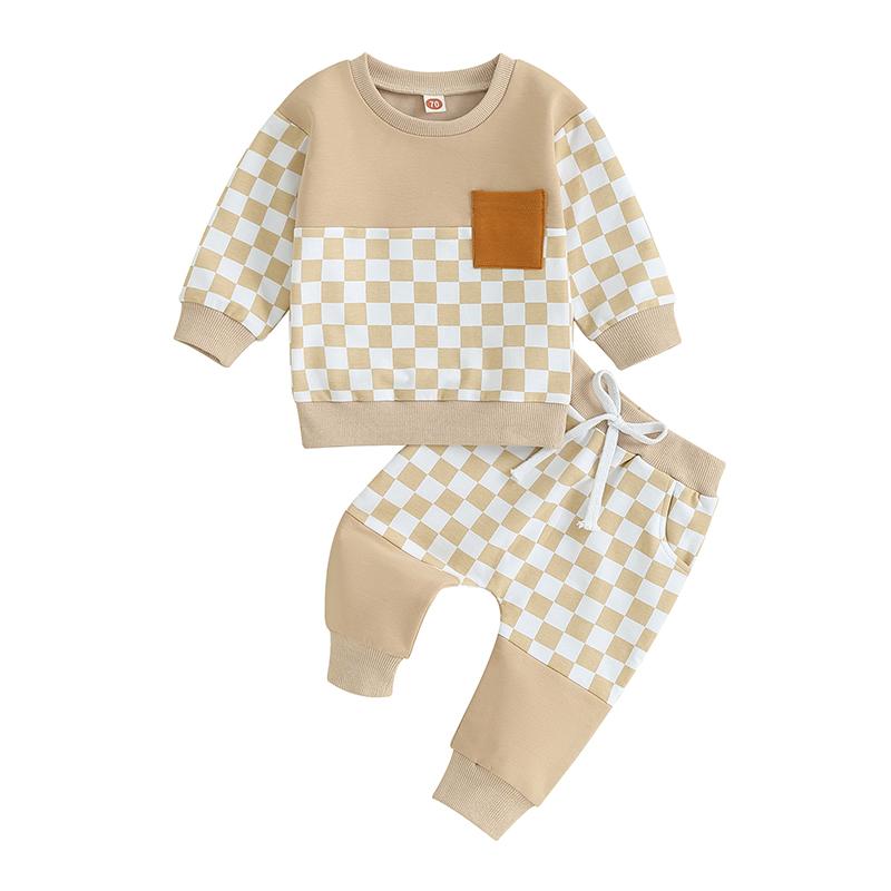 

Baby Boy 2 Piece Outfits Plaid Long Sleeve Sweatshirt with Pocket and Elastic Pants for Toddler Fall Clothes 70 хаки