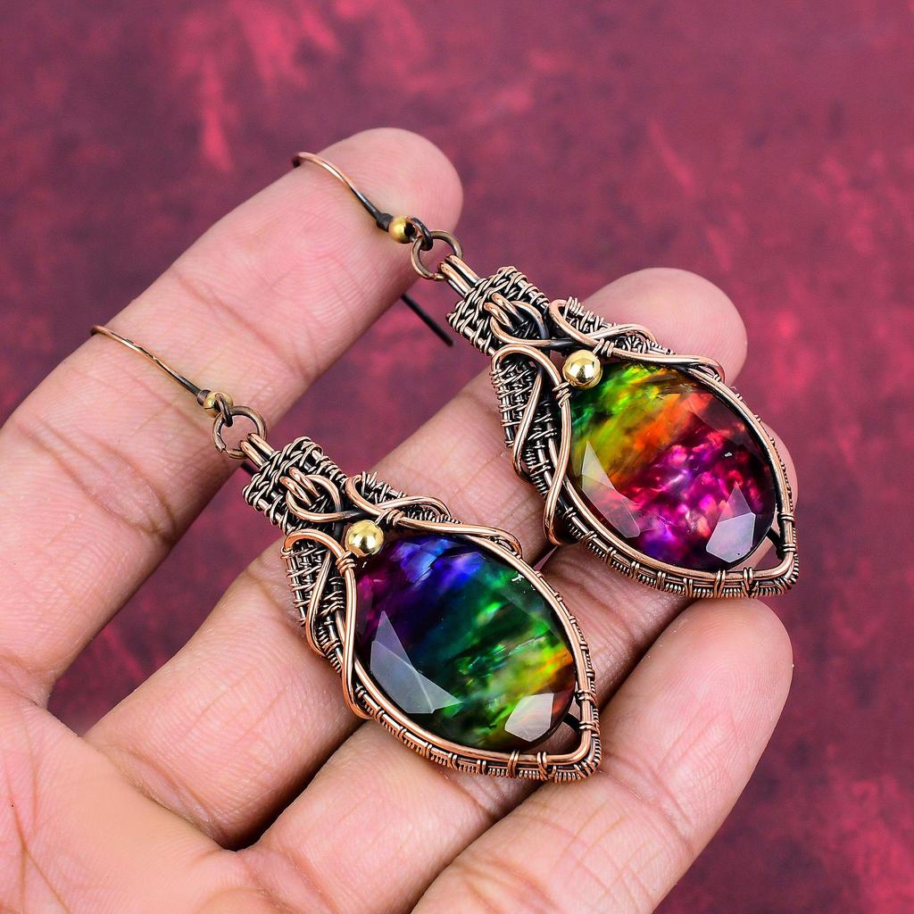 Faceted Ammolite Earring Copper Wire Wrapped Earring Amazing Drop Earring Handmade Jewelry Gemstone Earrings For Gifts Copper Wire Jewelry