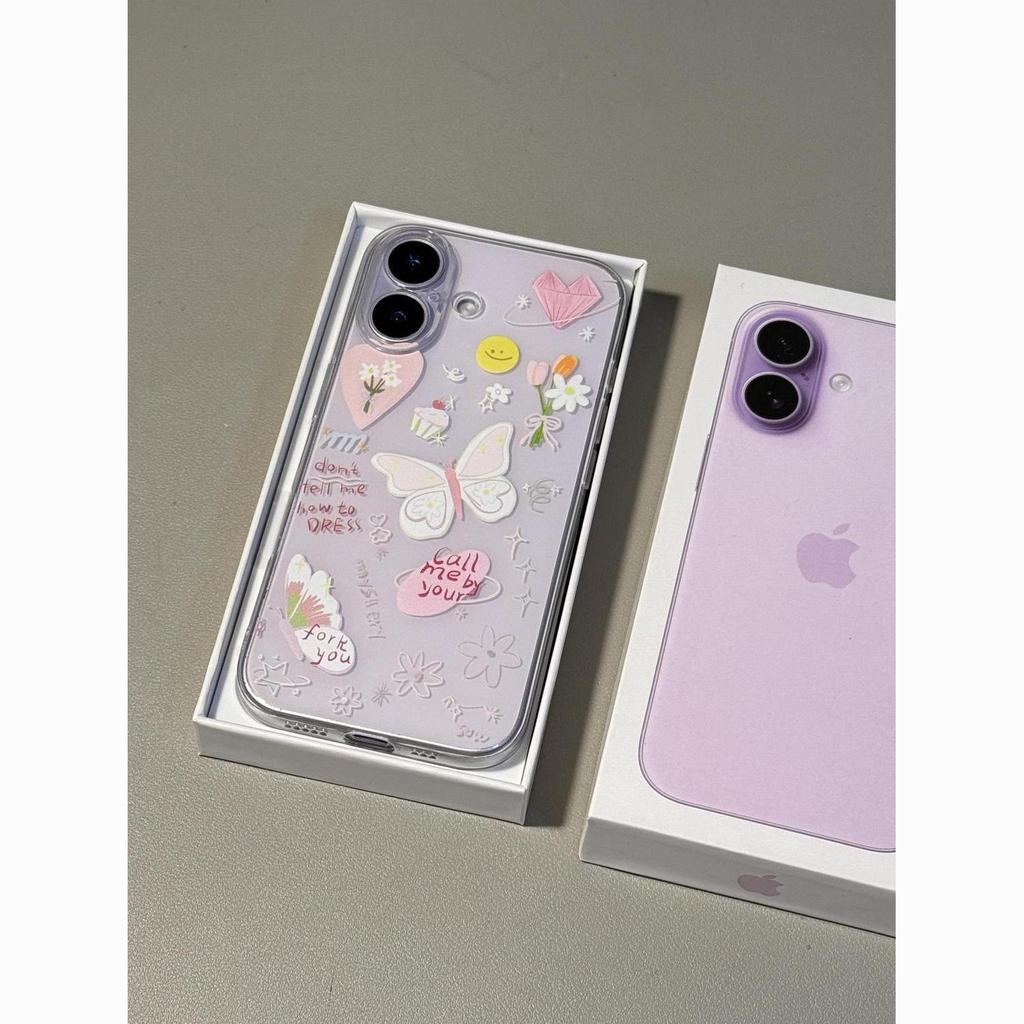 Korean Style Transparent Drop-proof Phone Case with Flower Butterfly Design for Apple XR, 11, 12, 13, 14, 15, 16, 17 Pro Max.