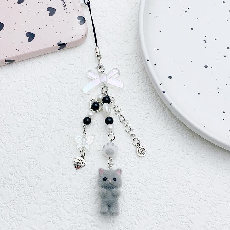 

Cute Sweet Bowknot String Beads Flocking Kitty Key Chains Mobile Phone Pendant for Women Exquisite Cat Jewelry Accessory Gifts сірий