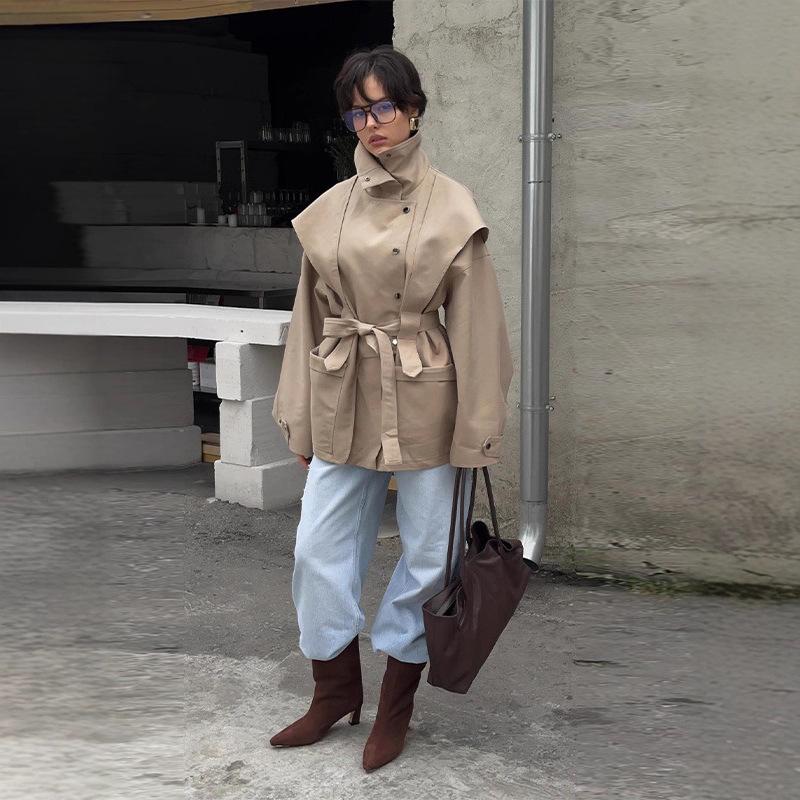 In Stock - New Elegant Khaki Autumn Trench Coat with Stand-Up Collar & Belted Waist