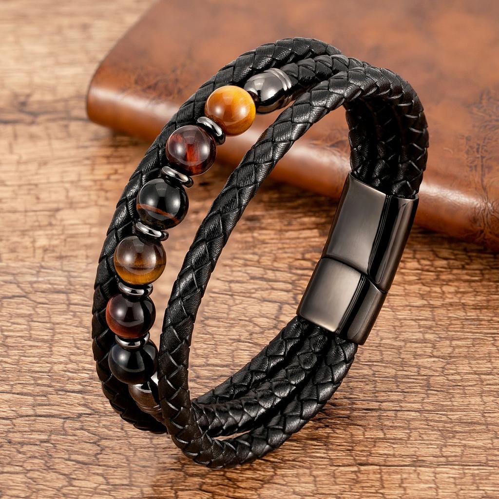 Trendy Multilayer Leather Bracelets For Men Women 9 Style Round Stone 8mm Beaded Jewelry Valentine Day Gifts