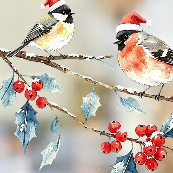Indoor Outdoor Glass Stickers Christmas Watercolor Bird Window Sticker, Santa Hat On Beey Clings Branch Static Decal, Waterproof Cling for Holiday
