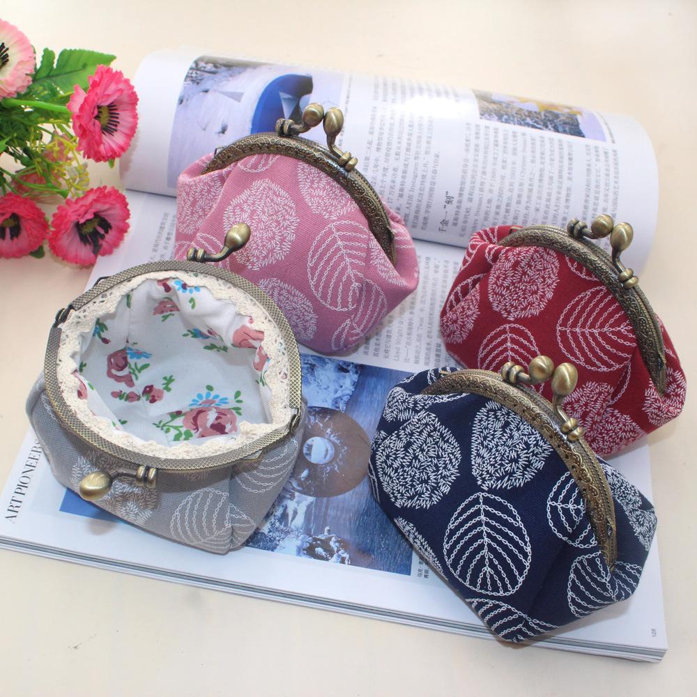 10.5cm Canvas Leaf Print Clasp Coin Purse - Handmade Retro Ladies' Clutch with Snap Closure