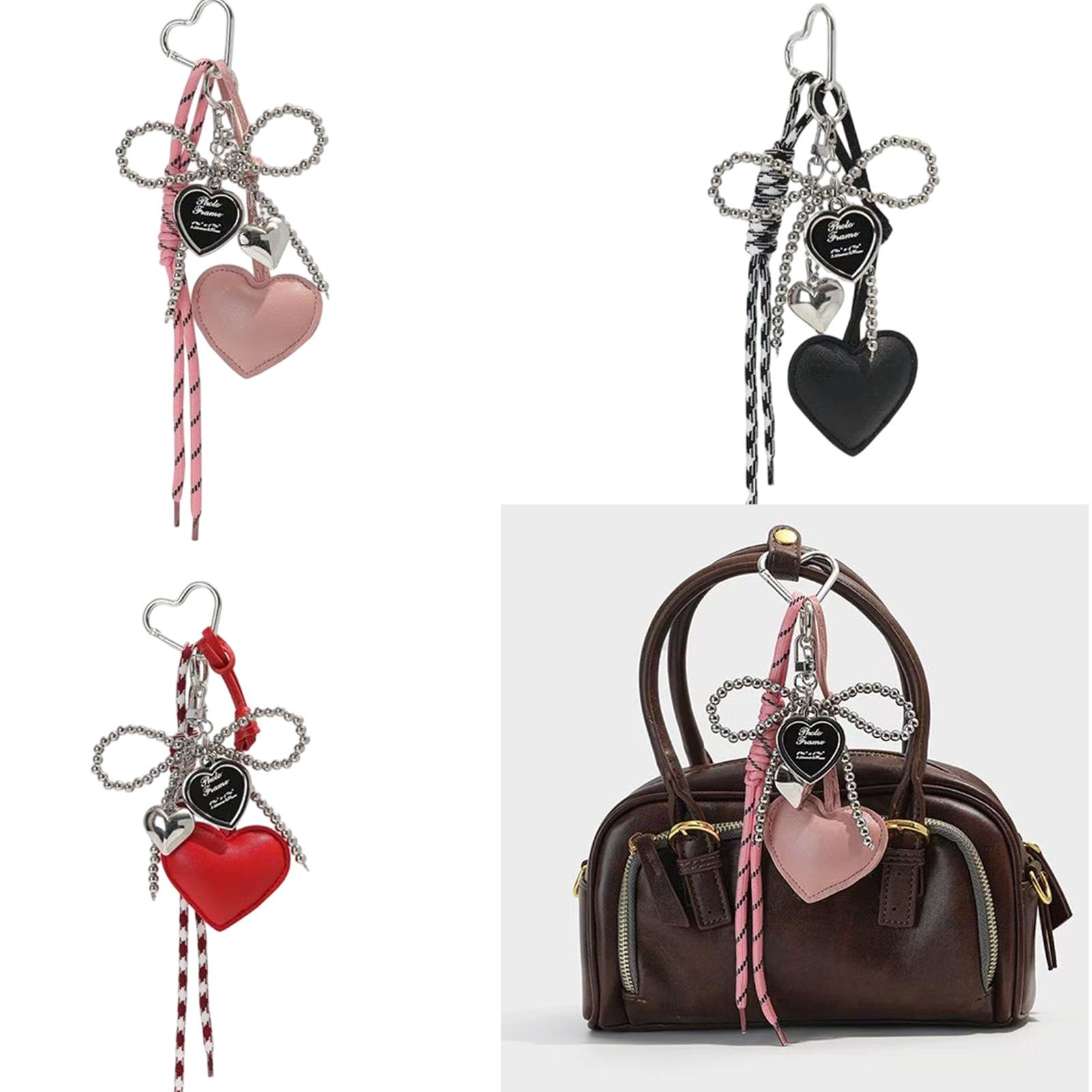 

Trendy PU Leather Pearls Bowknot Keychain Love Heart Car Keyring Braided Rope Bag Pendant Decoration Gift For Women Men рожевий