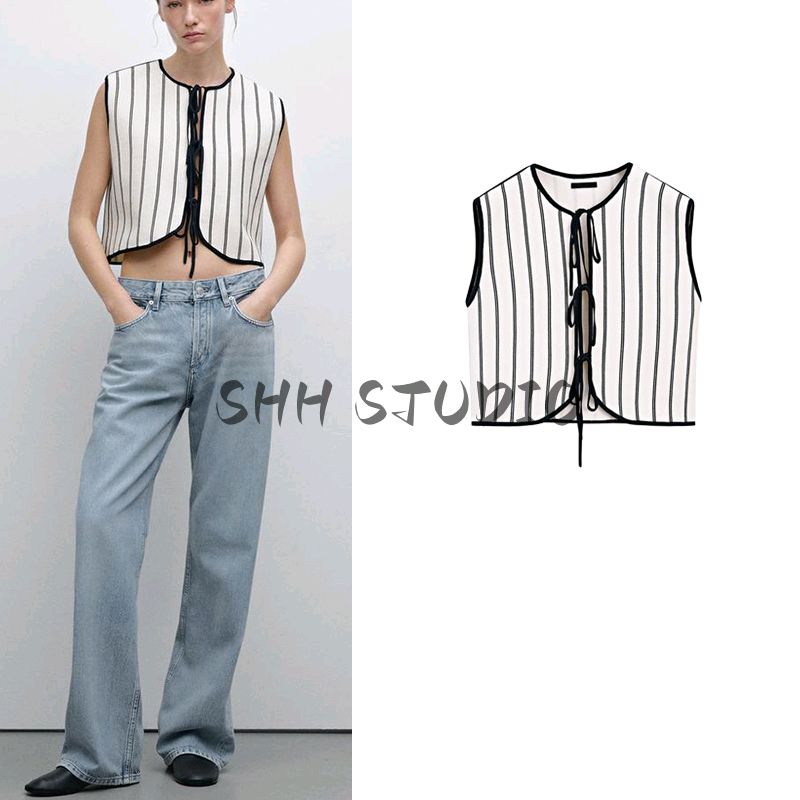 MD Spring and Summer Women's Clothing Intellectual Elegant Ol Commute Style Black and White Vertical Stripes Knitting Vest 5758676