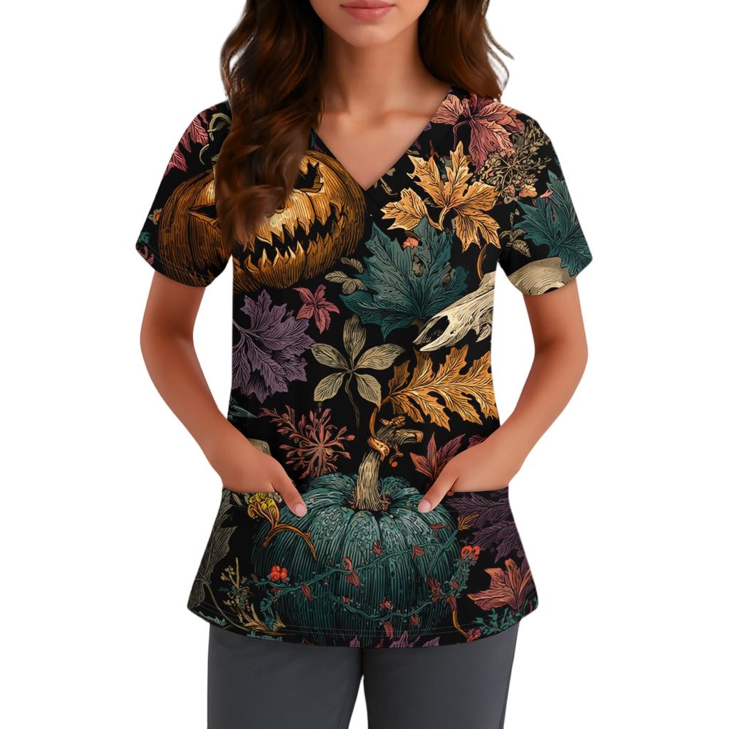 Women V Neck Short Sleeve Printed Top with Pockets Halloween Pattern Comfortable Fit for Healthcare Professionals