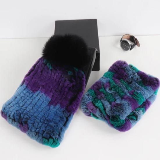 New Fashion Knitted Good Elastic Real Fur Scarf Hat Sets Women Winter Warm Natural Rex Rabbit Fur Scarves Hats Sets