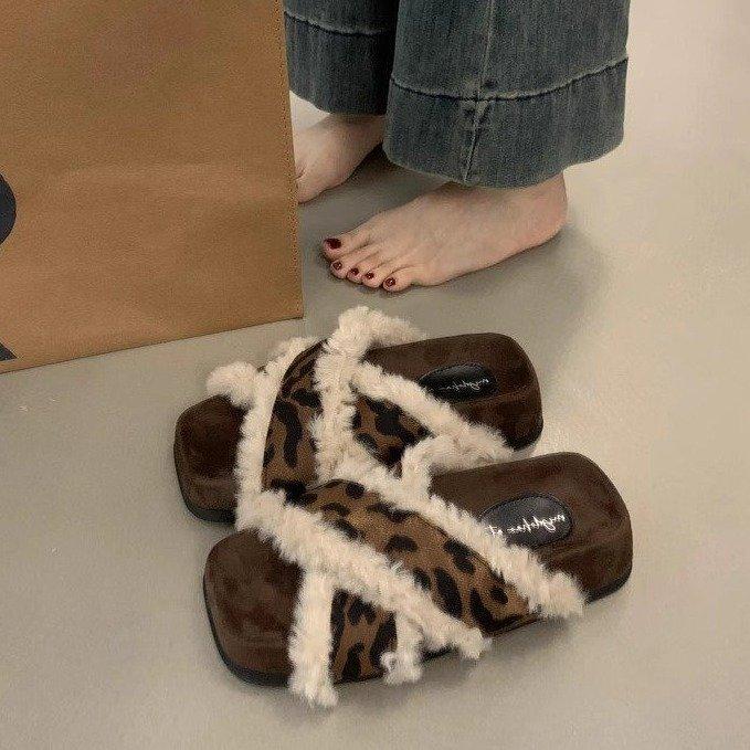 

Internet celebrity platform fluffy cotton slippers wear 2025 new autumn and winter fashion casual word fluffy shoes 40 леопардовый