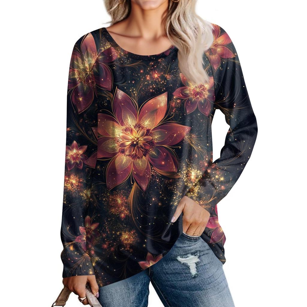 Women's Fashion Casual Long Sleeve  Print Round Neck Pullover Top Blouse