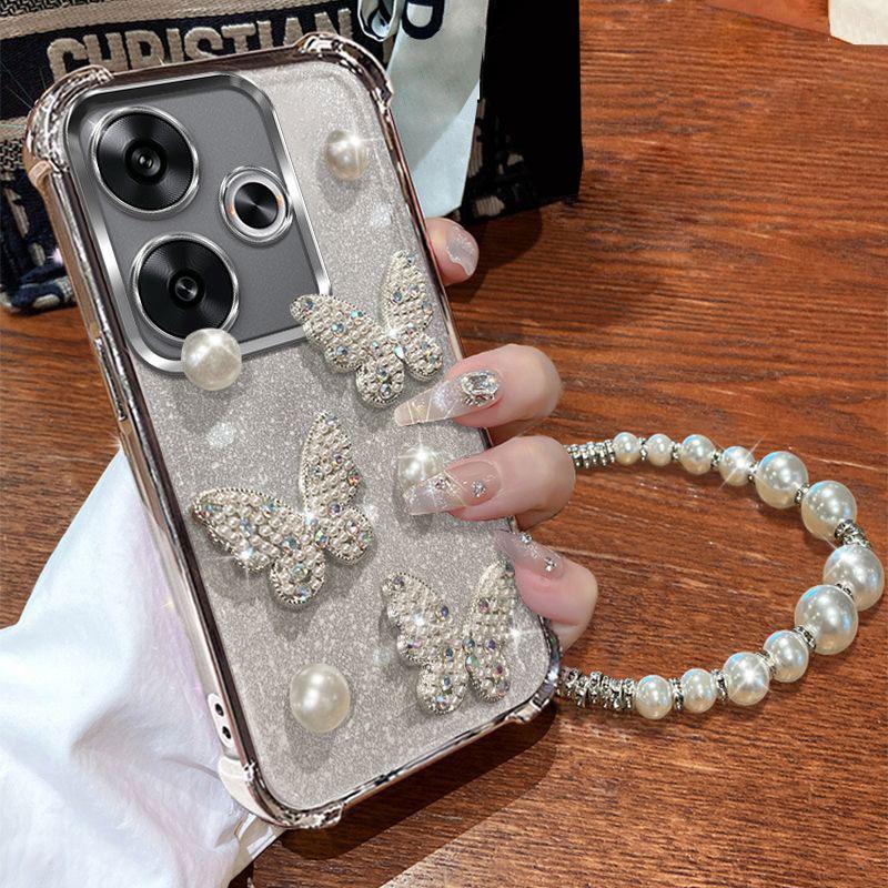

Poco F6 Pro Luxury Pearl Butterfly Bracelet Shockproof Plating Case For Xiaomi Redmi 14C 13 13C 12 12C 10 9 9A 9C A5 4G Cover POCO F6 pro