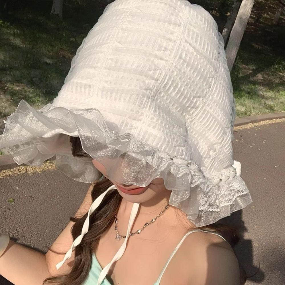 White Fisherman Hat Summer Visor Basin Cap Foldable Lace Bucket Hat  Girls